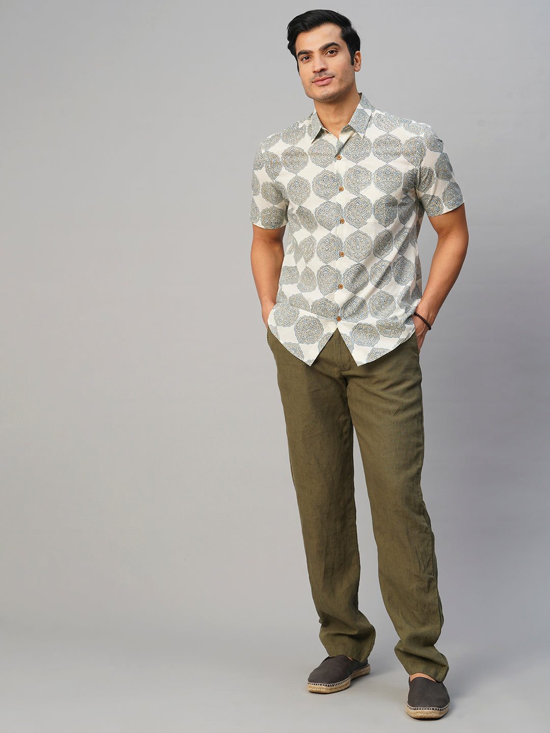 Men's Cotton Hand Block Printed Regular Fit Grey Shirt