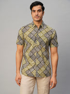 Men's Cotton Batik Printed Regular Fit Olive/Black Shirt