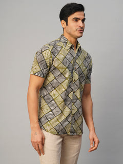 Men’s Cotton Regular Fit Batik Printed Shirt Olive Black