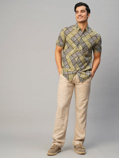 Men’s Cotton Regular Fit Batik Printed Shirt Olive Black