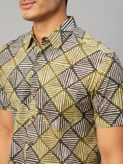 Men’s Cotton Regular Fit Batik Printed Shirt Olive Black