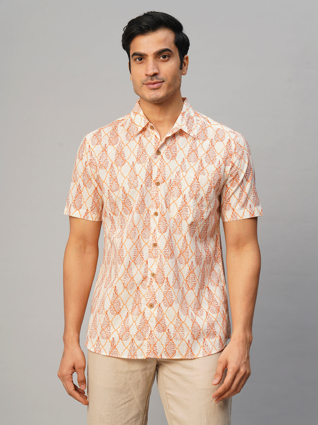 Men's Cotton Hand Block Printed Regular Fit Brown Shirt