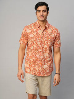 Men’s Cotton Regular Fit Hand Block Printed Shirt Brown