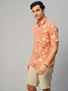 Men’s Cotton Regular Fit Hand Block Printed Shirt Brown