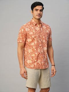 Men’s Cotton Regular Fit Hand Block Printed Shirt Brown