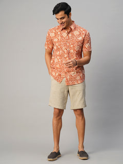 Men’s Cotton Regular Fit Hand Block Printed Shirt Brown