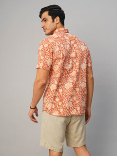 Men’s Cotton Regular Fit Hand Block Printed Shirt Brown
