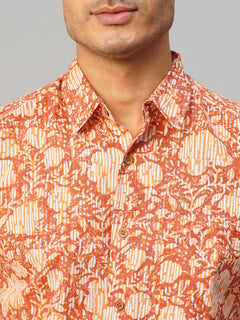 Men’s Cotton Regular Fit Hand Block Printed Shirt Brown
