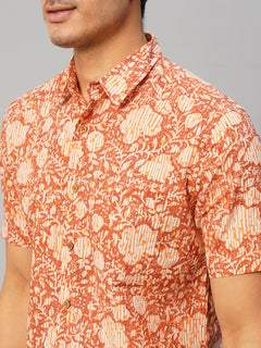 Men’s Cotton Regular Fit Hand Block Printed Shirt Brown