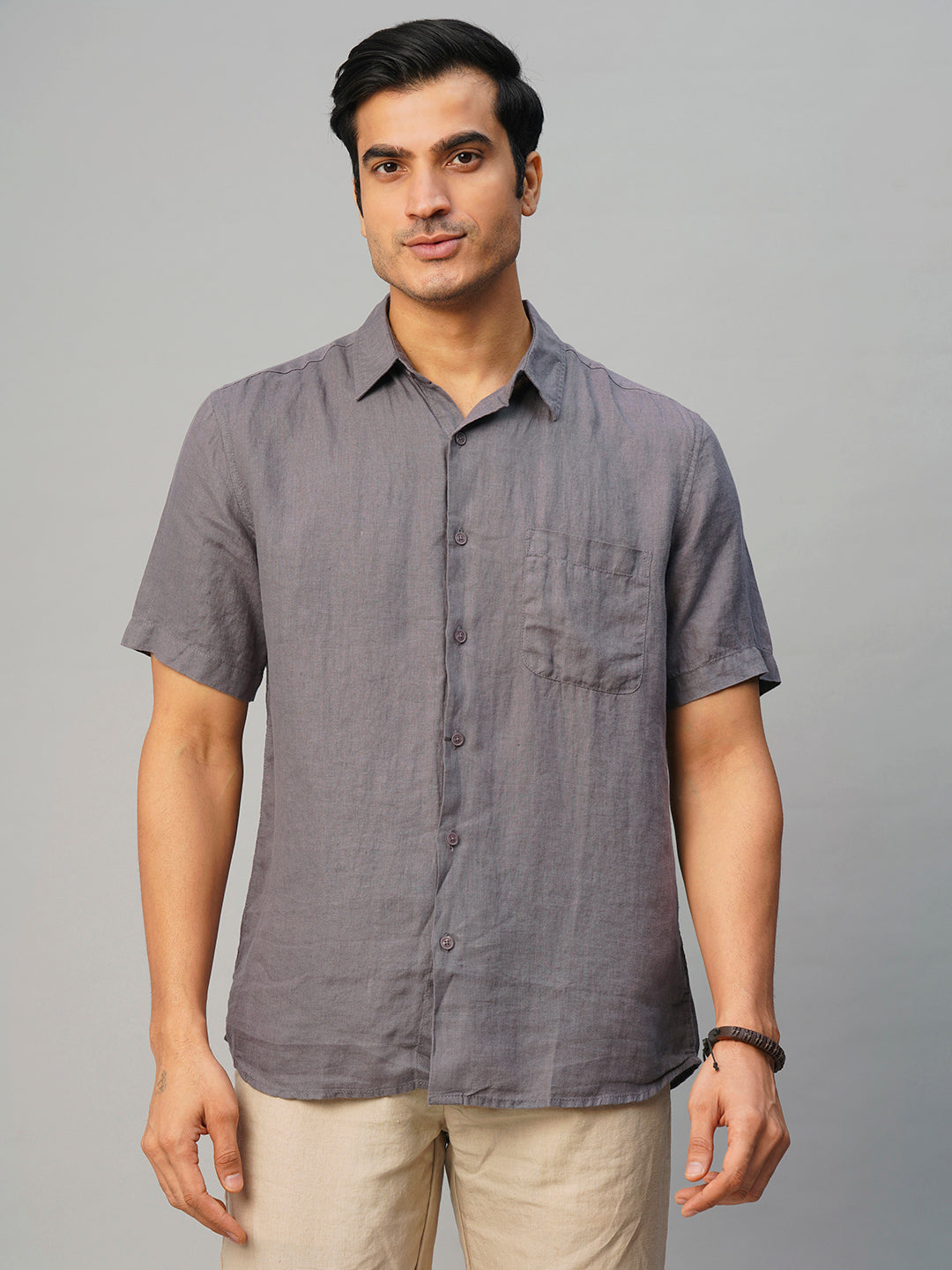 Men's Grey 100% Linen Regular Fit Shirt