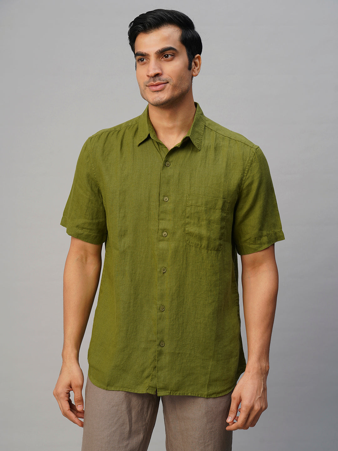 Men's Olive 100% Linen Regular Fit Shirt