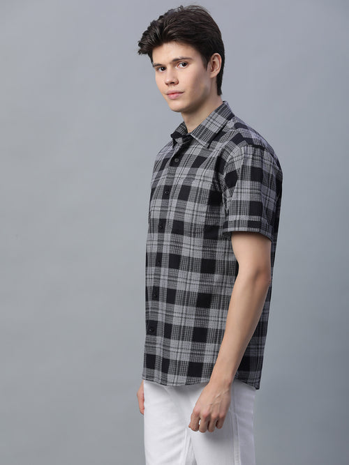 Men's 100% Cotton Checked Short Sleeve Shirt Black