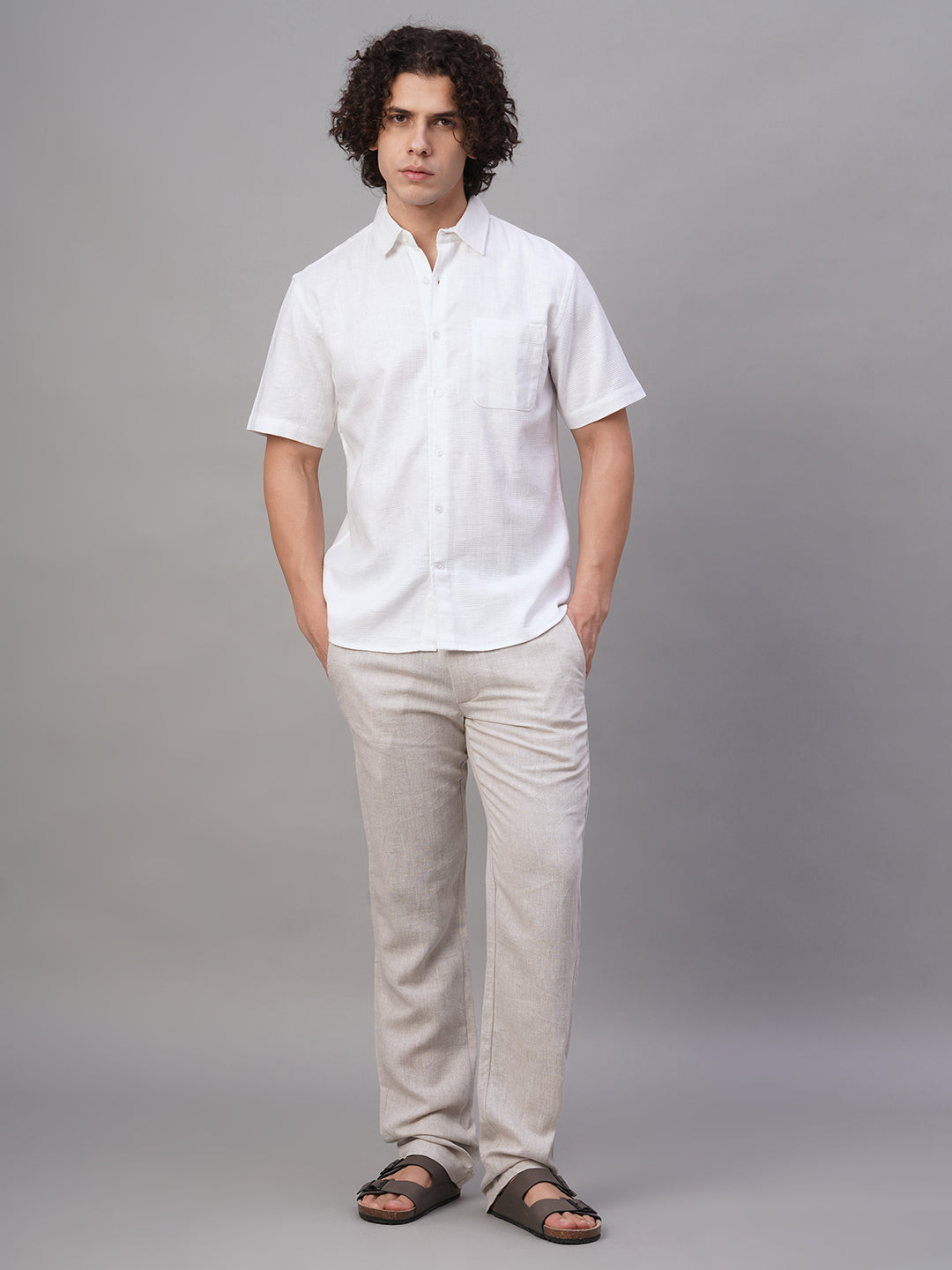 Men's White Cotton Linen Lyocell Regular Fit Shirt