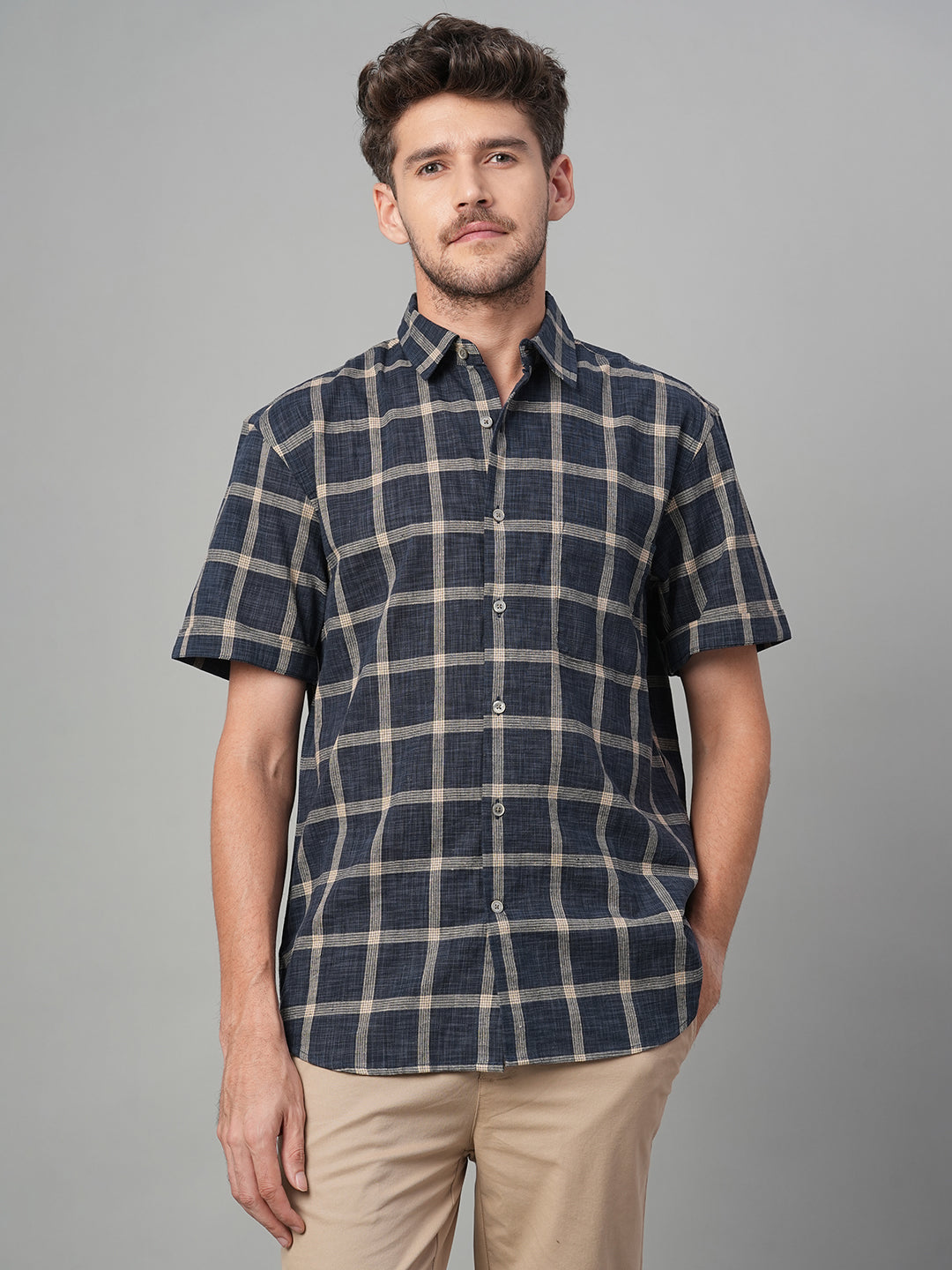 Men's Navy Cotton Linen Regular Fit Shirt