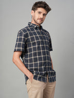 Men's Navy Cotton Linen Regular Fit Shirt