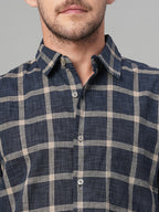 Men's Navy Cotton Linen Regular Fit Shirt