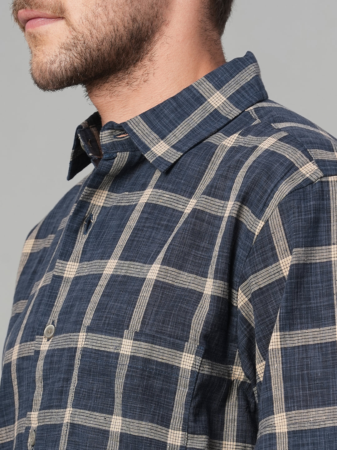 Men's Navy Cotton Linen Regular Fit Shirt