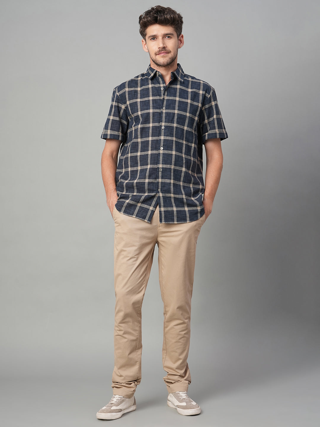 Men's Navy Cotton Linen Regular Fit Shirt