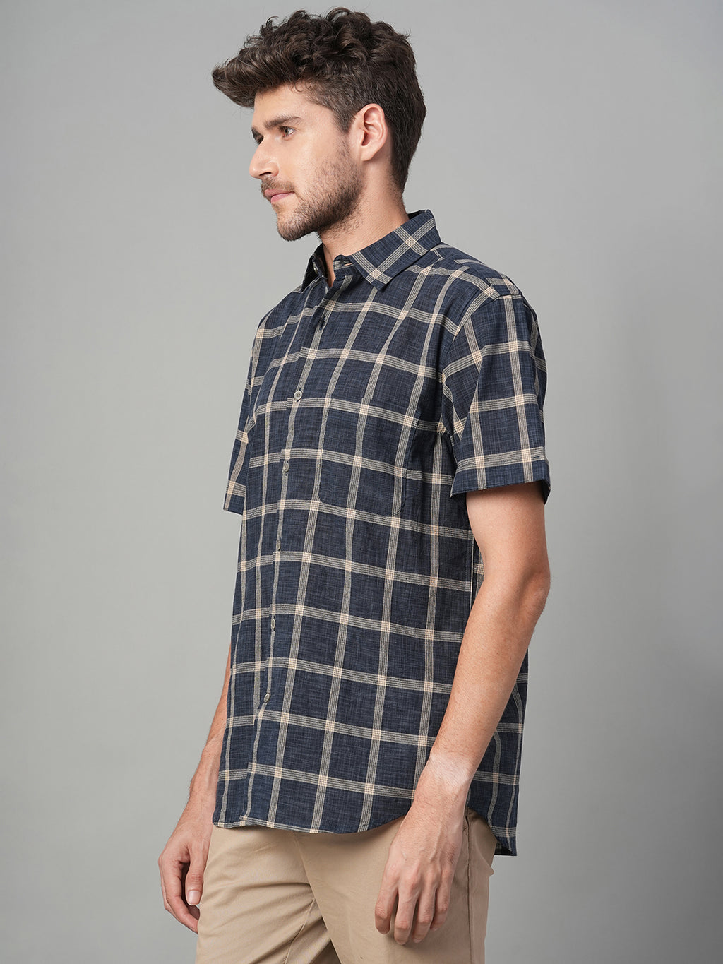 Men's Navy Cotton Linen Regular Fit Shirt