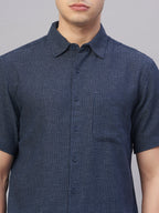 Men's Navy Cotton Flax Regular Fit Shirt