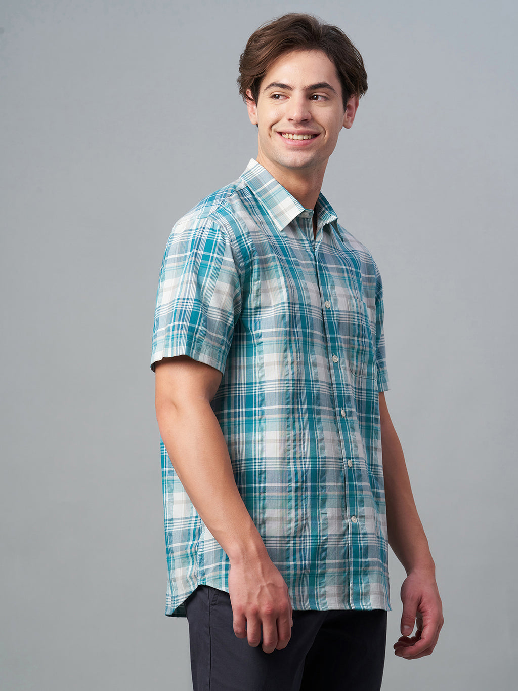 Men's 100% Cotton Regular Fit Check Short Sleeve Shirt Green