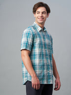 Men's 100% Cotton Regular Fit Check Short Sleeve Shirt Green