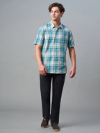 Men's 100% Cotton Regular Fit Check Short Sleeve Shirt Green
