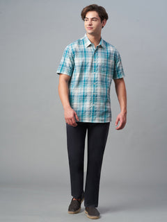 Men’s Cotton Regular Fit Check Short Sleeve Shirt Green