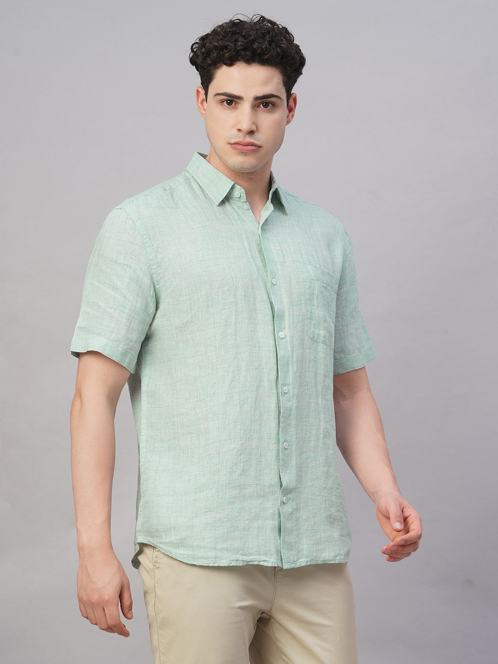 Men's Green 100% Linen Regular Fit Shirt