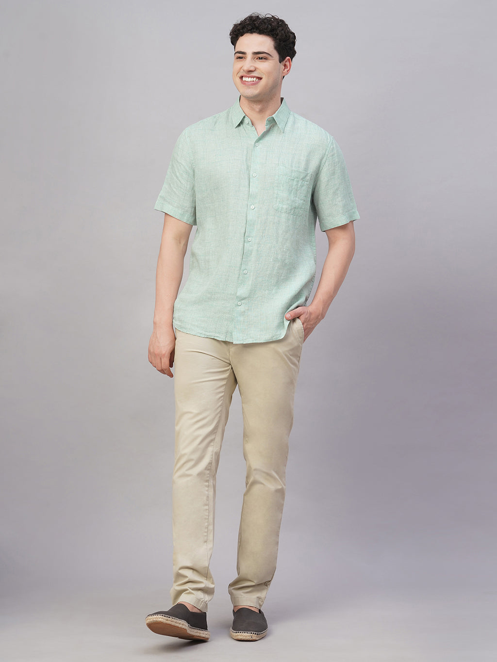 Men's Green 100% Linen Regular Fit Shirt