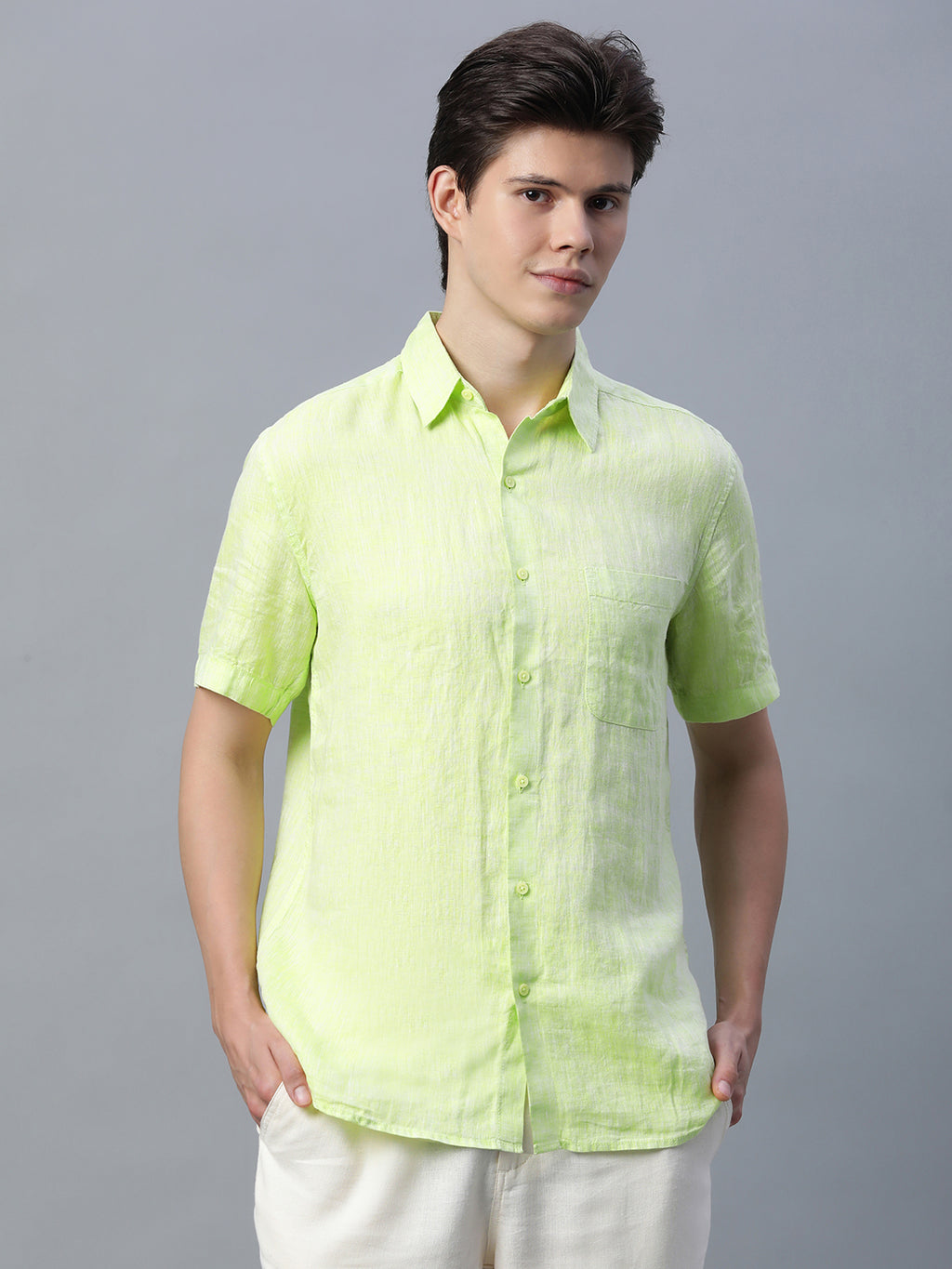 Men's 100% Linen Regular Fit Shirt Lime