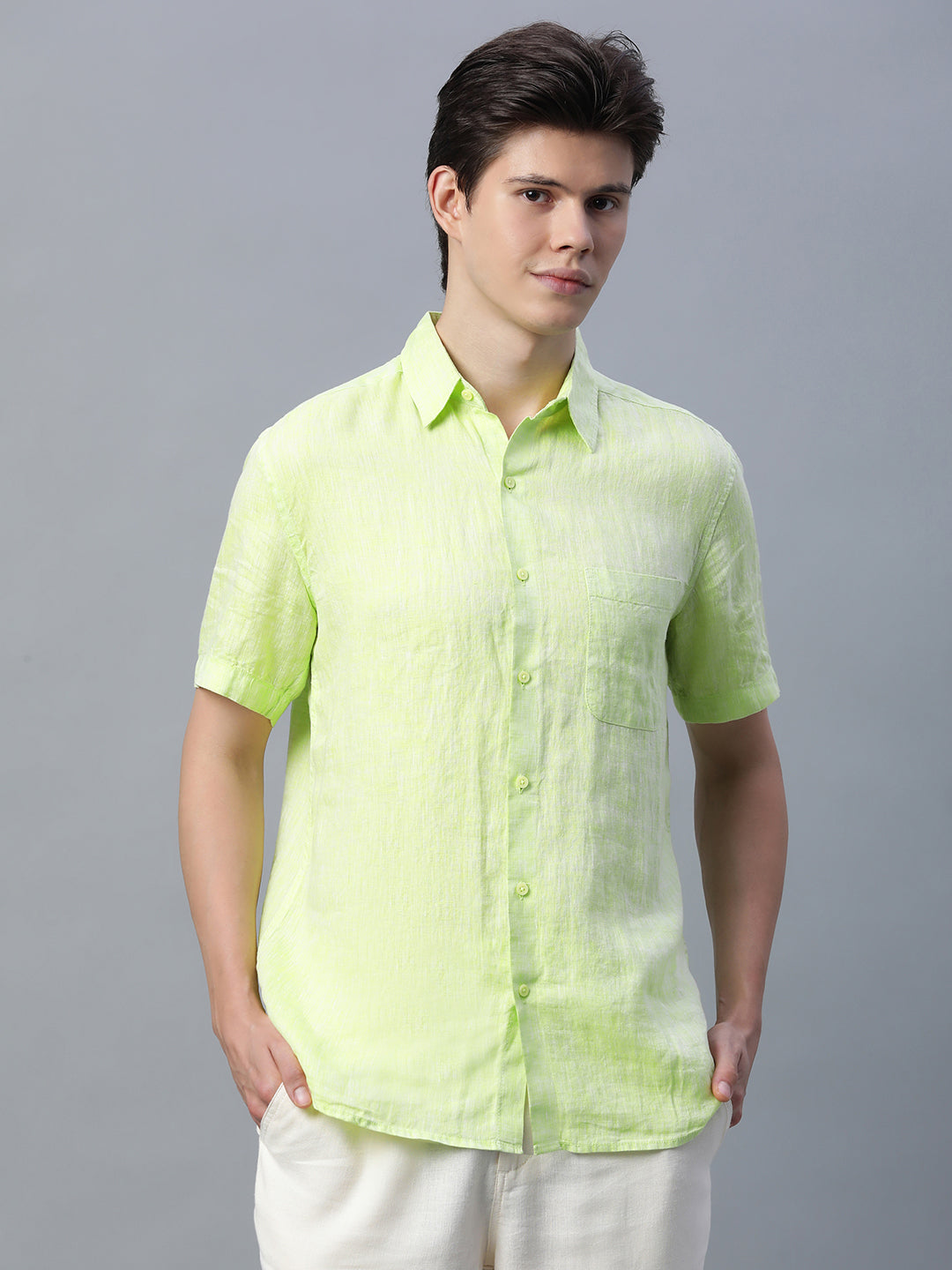 Men's Lime 100% Linen Regular Fit Shirt
