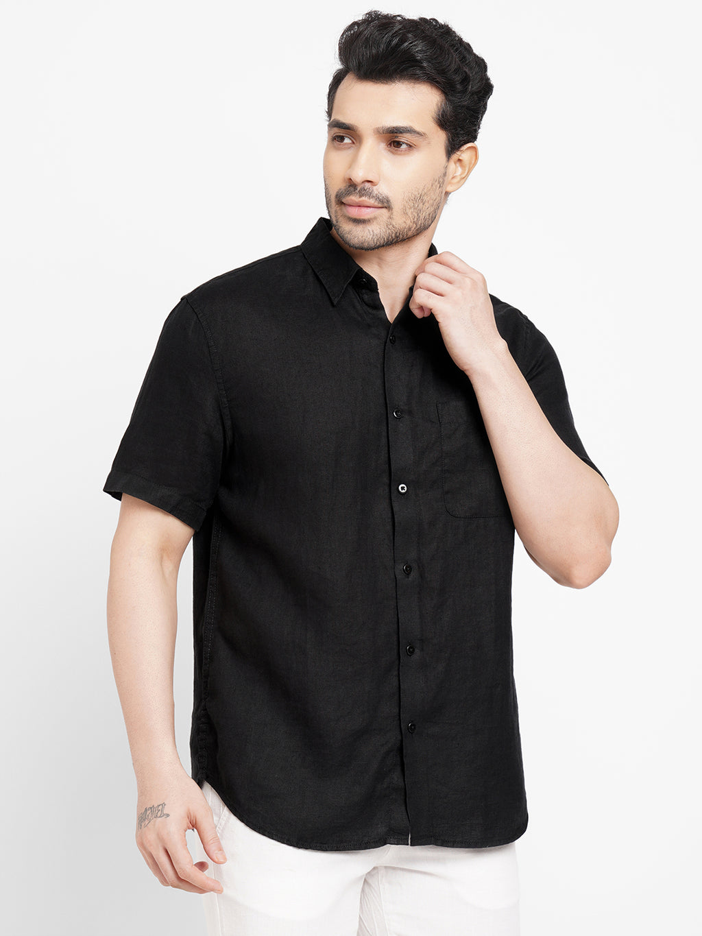 Men's 100% Linen Regular Fit Pocket Shirt Black