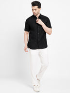 Men's 100% Linen Regular Fit Pocket Shirt Black