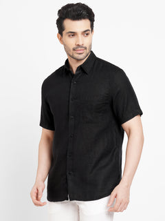 Men’s Linen Regular Fit Pocket Shirt Black