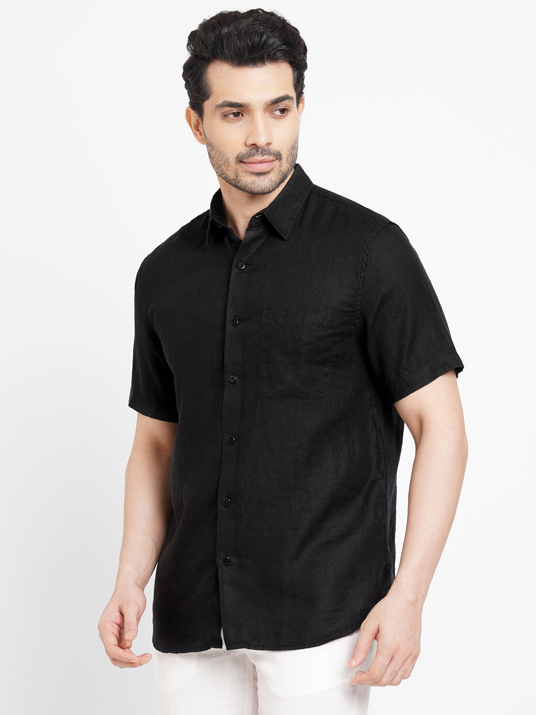 Men's Black 100% Linen Regular Fit Shirt