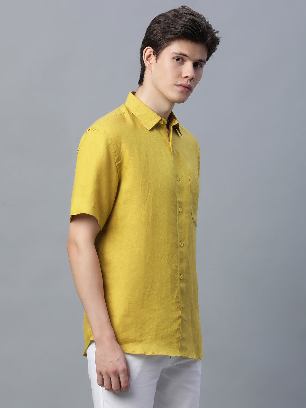 Men's Mustard 100% Linen Regular Fit Shirt