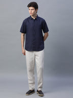 Men's Navy 100% Linen Regular Fit Shirt