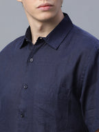 Men's Navy 100% Linen Regular Fit Shirt