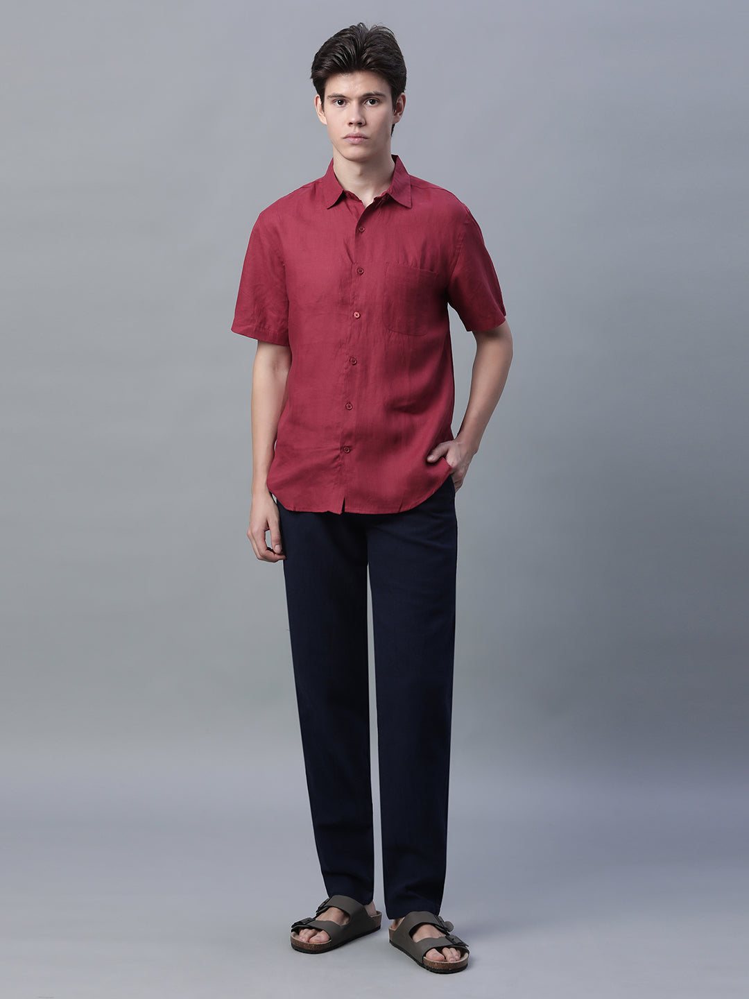 Men's Red 100% Linen Regular Fit Shirt