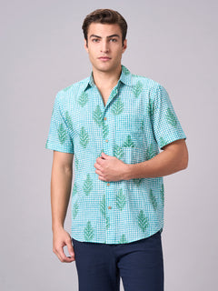 Men's 100% Cotton Regular Fit Half Sleeves Printed Shirt Green
