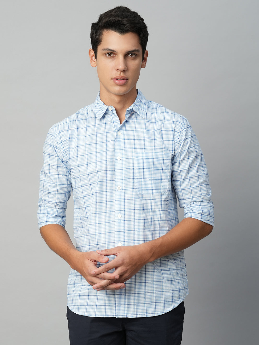 Men's Blue Cotton Regular Fit Checked Shirt