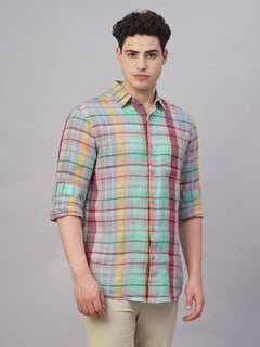 Men's 100% Linen Regular Fit Check Shirt Multi