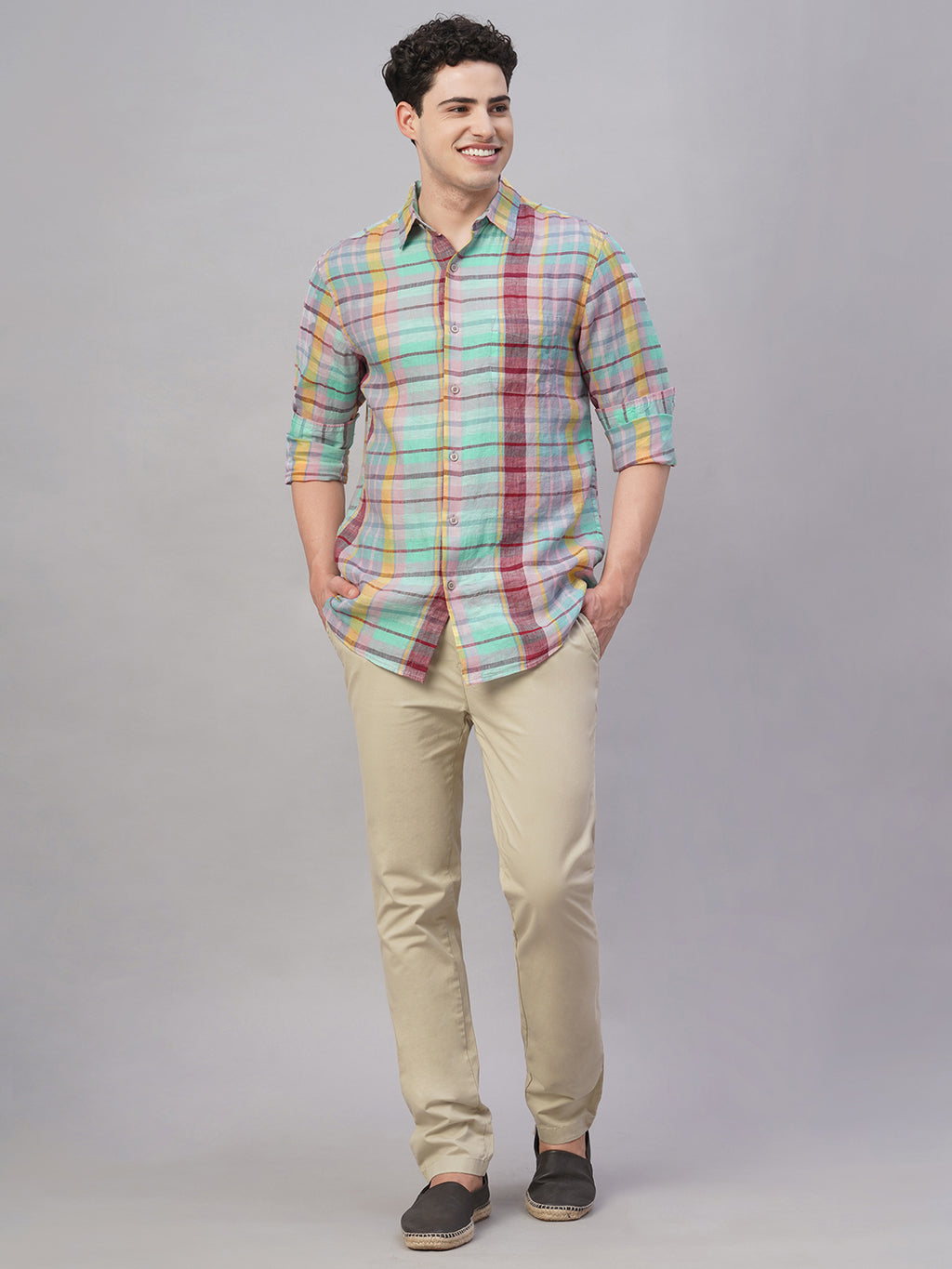 Men's 100% Linen Regular Fit Check Shirt Multi
