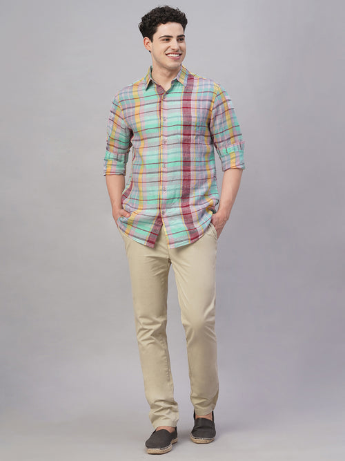 Men's 100% Linen Regular Fit Check Shirt Multi