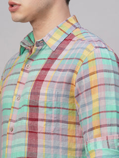 Men's 100% Linen Regular Fit Check Shirt Multi