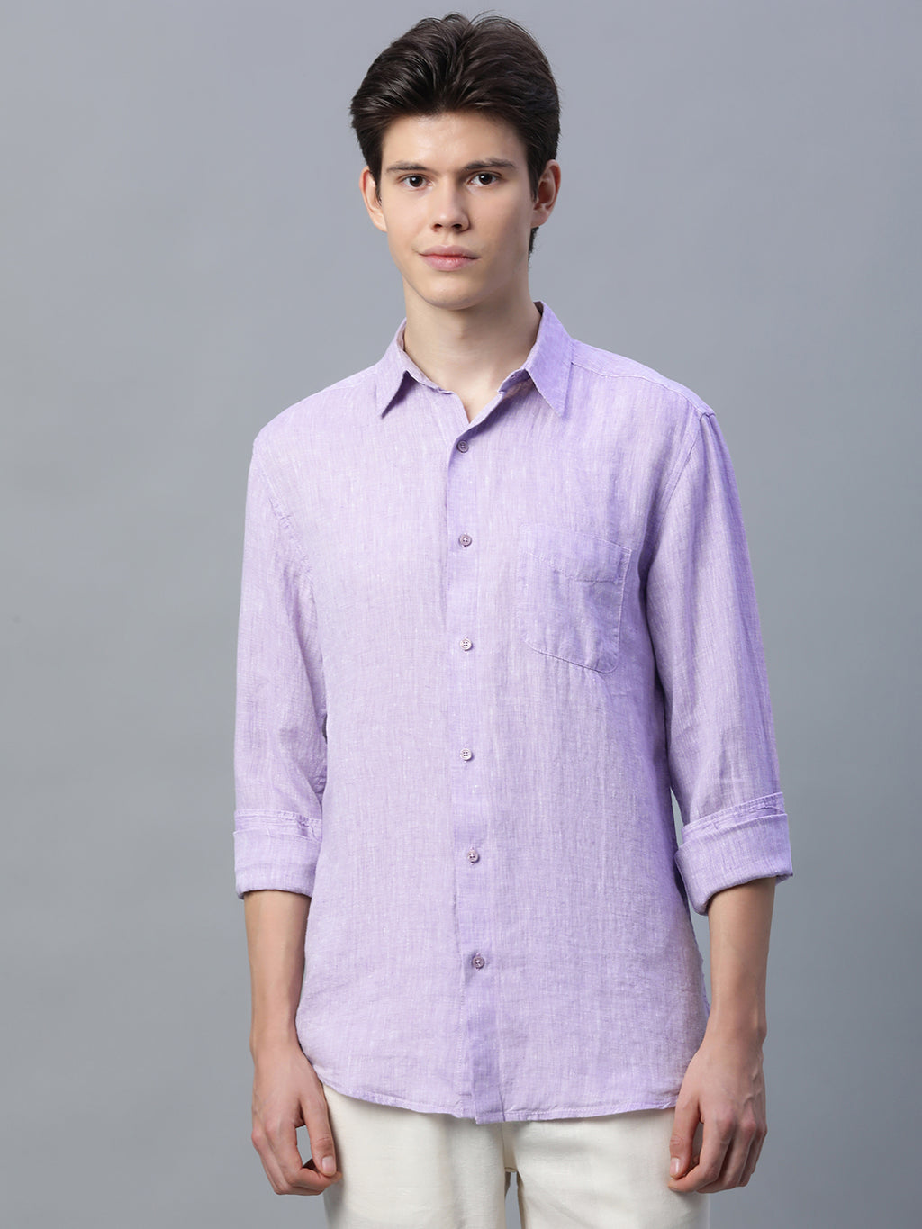 Men's 100% Linen Full Sleeve Pocket Shirt Lilac