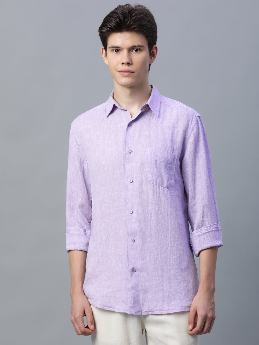 Men's Lilac 100% Linen Regular Fit Shirt