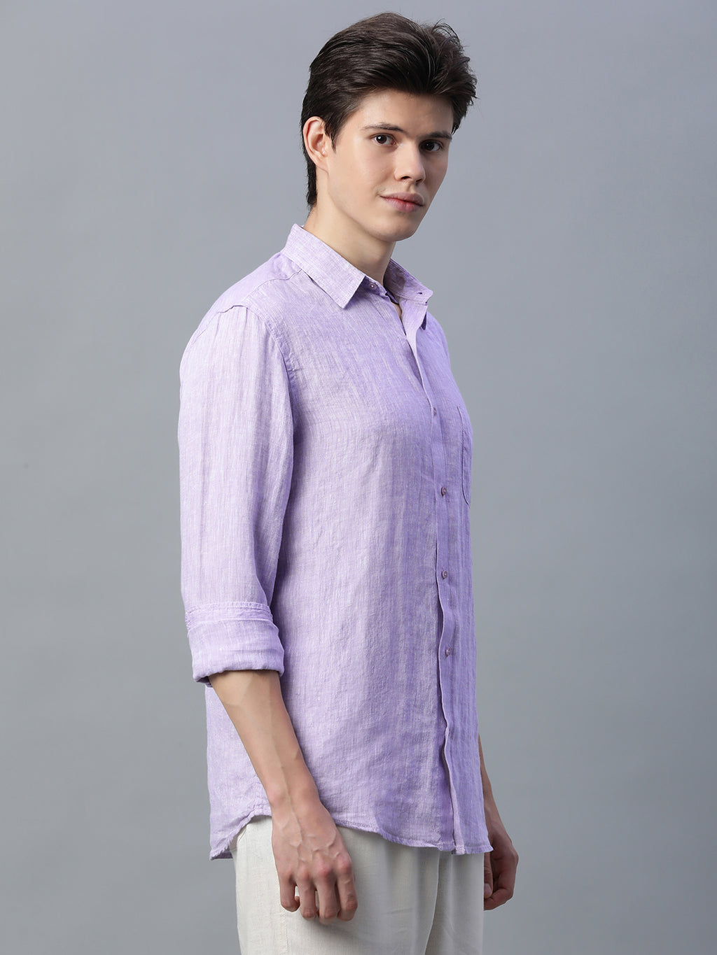 Men's 100% Linen Full Sleeve Pocket Shirt Lilac