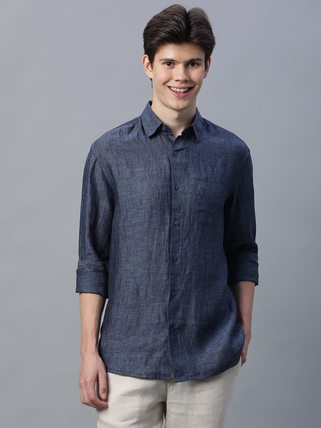 Men's Navy 100% Linen Regular Fit Shirt